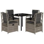 5-Piece Garden Dining Set with Cushions Grey Poly Rattan