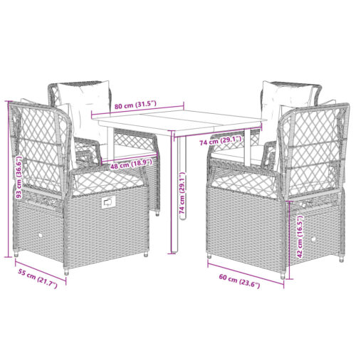 5-Piece Garden Dining Set with Cushions Grey Poly Rattan - Image 10