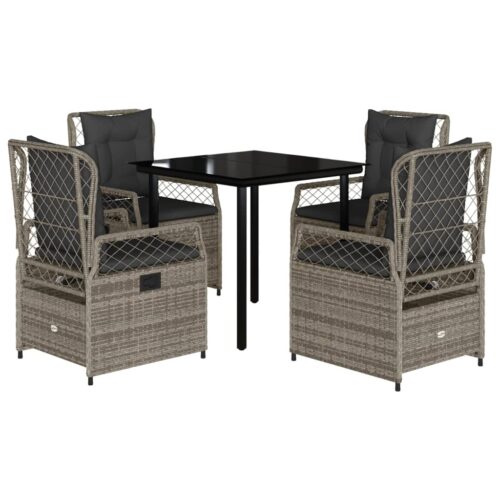 5-Piece Garden Dining Set with Cushions Grey Poly Rattan - Image 12
