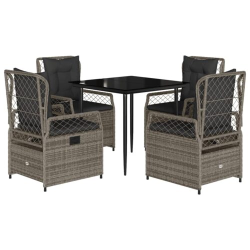 5-Piece Garden Dining Set with Cushions Grey Poly Rattan