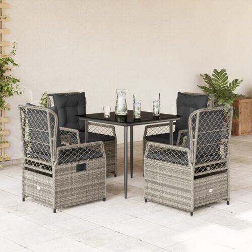 5-Piece Garden Dining Set with Cushions Grey Poly Rattan - Image 2