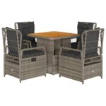 5-Piece Garden Dining Set with Cushions Grey Poly Rattan