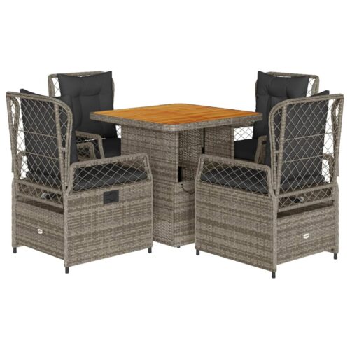5-Piece Garden Dining Set with Cushions Grey Poly Rattan