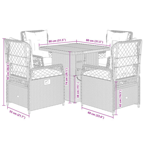 5-Piece Garden Dining Set with Cushions Grey Poly Rattan - Image 9
