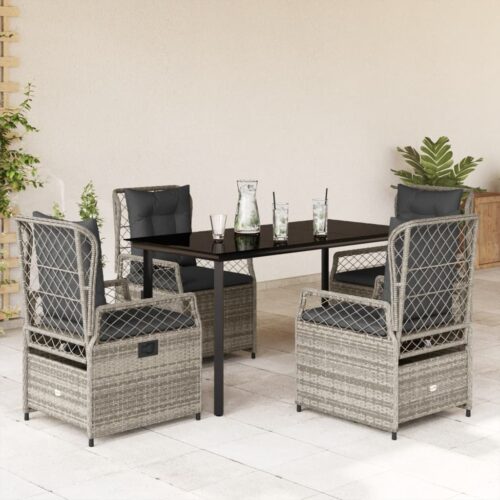 5-Piece Garden Dining Set with Cushions Grey Poly Rattan - Image 2