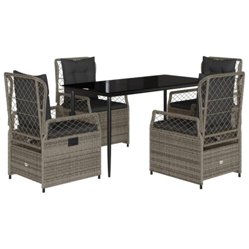 5-Piece Garden Dining Set with Cushions Grey Poly Rattan
