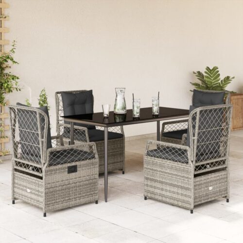5-Piece Garden Dining Set with Cushions Grey Poly Rattan - Image 2