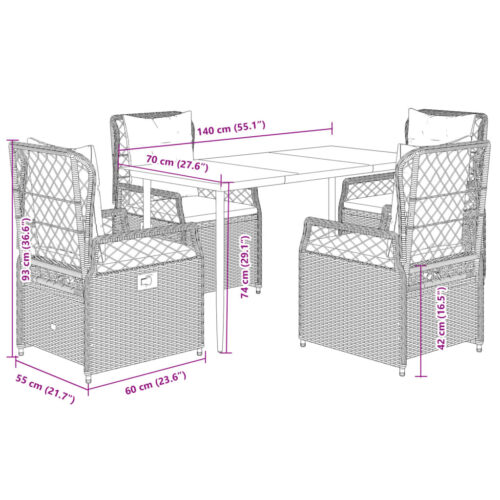 5-Piece Garden Dining Set with Cushions Grey Poly Rattan - Image 8