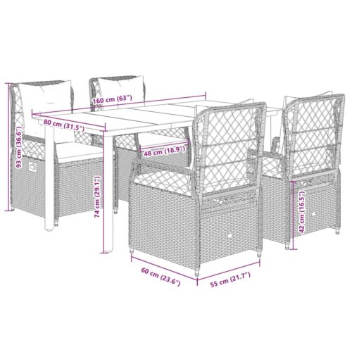 5-Piece Garden Dining Set with Cushions Grey Poly Rattan - Image 8