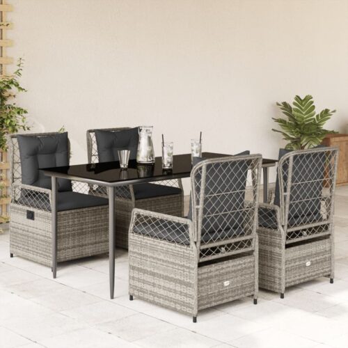 5-Piece Garden Dining Set with Cushions Grey Poly Rattan - Image 2