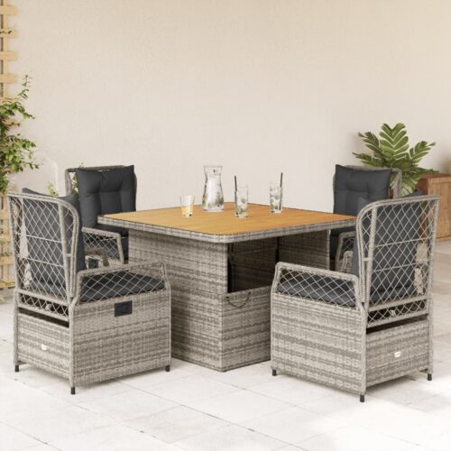 5-Piece Garden Dining Set with Cushions Grey Poly Rattan - Image 2
