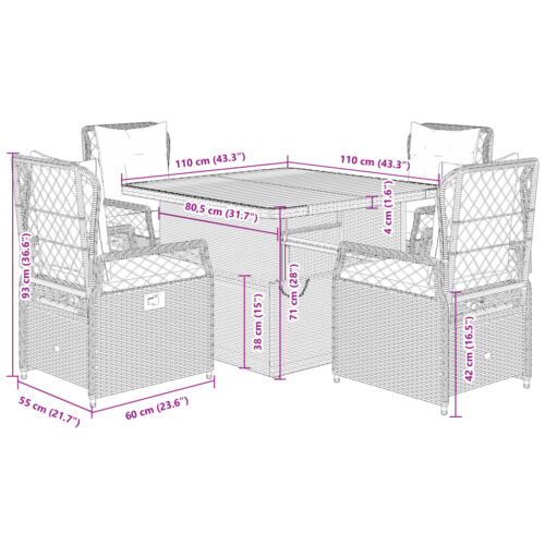 5-Piece Garden Dining Set with Cushions Grey Poly Rattan - Image 9