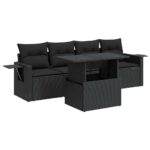 5-Piece Garden Sofa Set with Cushions Black Poly Rattan