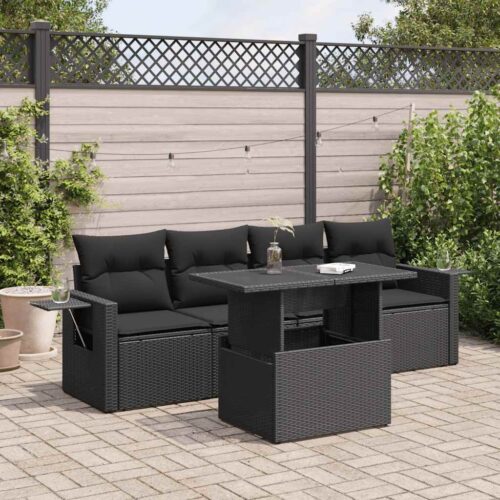 5-Piece Garden Sofa Set with Cushions Black Poly Rattan - Image 2