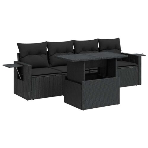 5-Piece Garden Sofa Set with Cushions Black Poly Rattan - Image 13