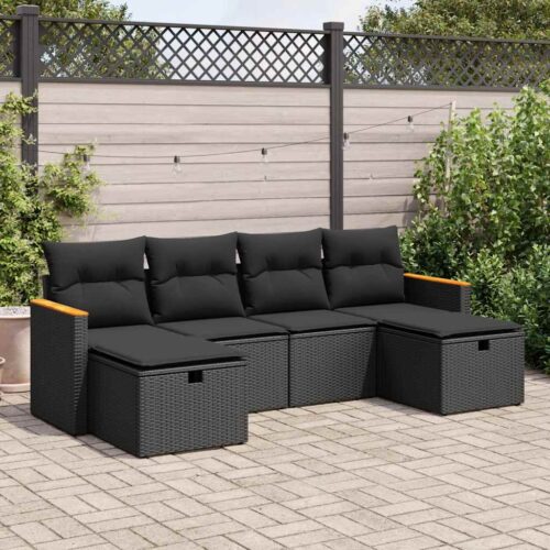 6-Piece Garden Sofa Set with Cushions Black Poly Rattan - Image 2