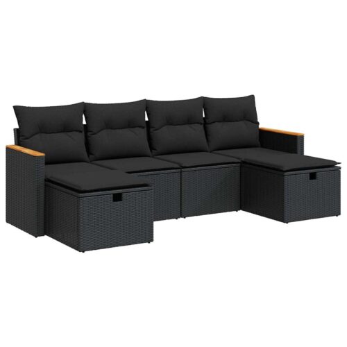 6-Piece Garden Sofa Set with Cushions Black Poly Rattan - Image 13