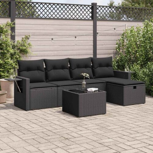 6-Piece Garden Sofa Set with Cushions Black Poly Rattan - Image 2