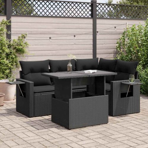 5-Piece Garden Sofa Set with Cushions Black Poly Rattan - Image 2