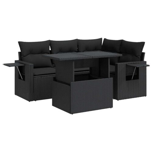 5-Piece Garden Sofa Set with Cushions Black Poly Rattan - Image 13