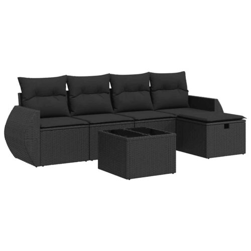 6-Piece Garden Sofa Set with Cushions Black Poly Rattan