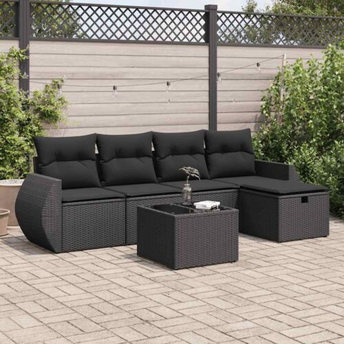 6-Piece Garden Sofa Set with Cushions Black Poly Rattan - Image 2