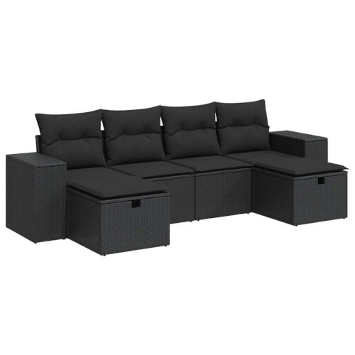 6-Piece Garden Sofa Set with Cushions Black Poly Rattan