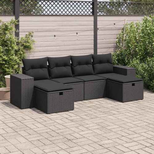 6-Piece Garden Sofa Set with Cushions Black Poly Rattan - Image 2