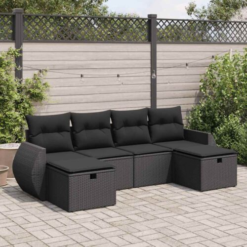 6-Piece Garden Sofa Set with Cushions Black Poly Rattan - Image 2