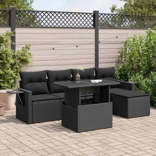 6-Piece Garden Sofa Set with Cushions Black Poly Rattan - Image 2