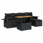 6-Piece Garden Sofa Set with Cushions Black Poly Rattan Acacia