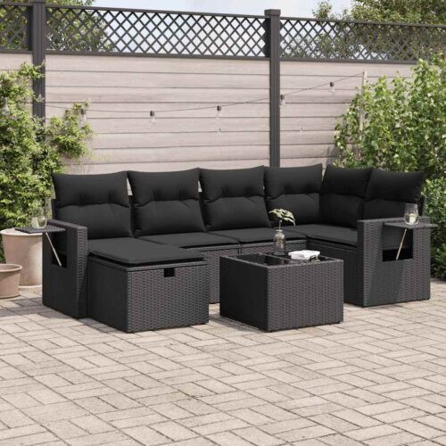 7-Piece Garden Sofa Set with Cushions Black Poly Rattan - Image 2