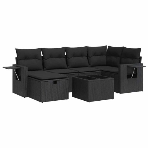 7-Piece Garden Sofa Set with Cushions Black Poly Rattan - Image 13