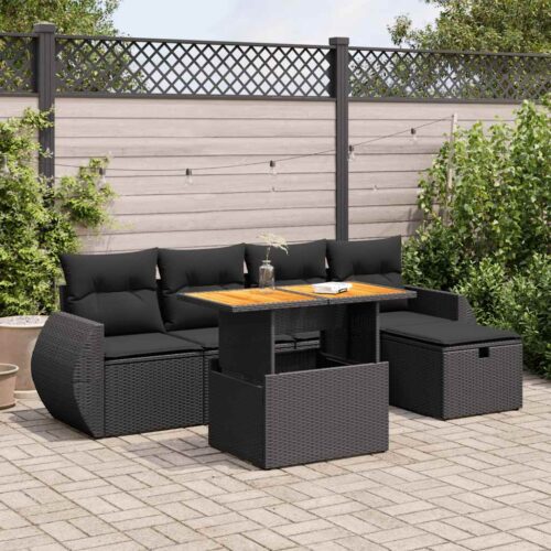 6-Piece Garden Sofa Set with Cushions Black Poly Rattan Acacia - Image 2