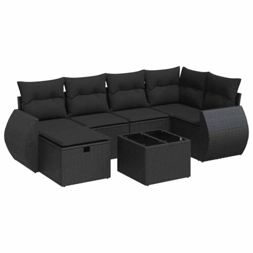 7-Piece Garden Sofa Set with Cushions Black Poly Rattan