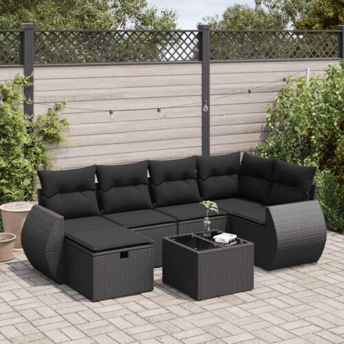 7-Piece Garden Sofa Set with Cushions Black Poly Rattan - Image 2