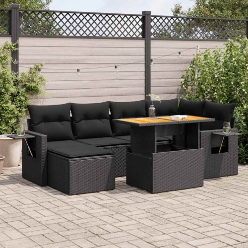 7-Piece Garden Sofa Set with Cushions Black Poly Rattan - Image 2