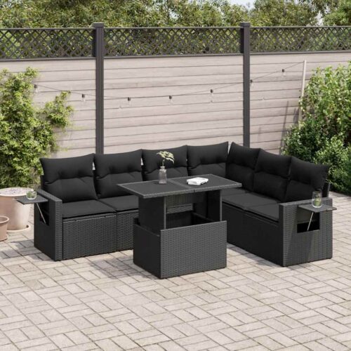 7-Piece Garden Sofa Set with Cushions Black Poly Rattan - Image 2