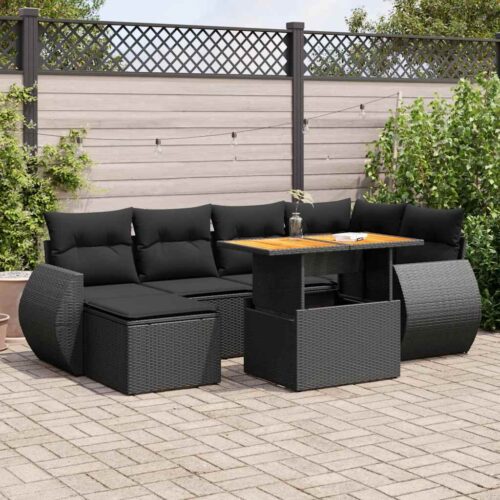 7-Piece Garden Sofa Set with Cushions Black Poly Rattan - Image 2