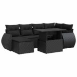 7-Piece Garden Sofa Set with Cushions Black Poly Rattan