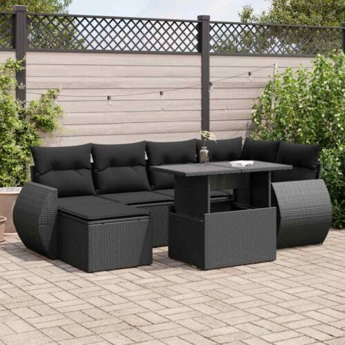 7-Piece Garden Sofa Set with Cushions Black Poly Rattan - Image 2