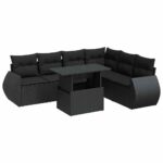 7-Piece Garden Sofa Set with Cushions Black Poly Rattan