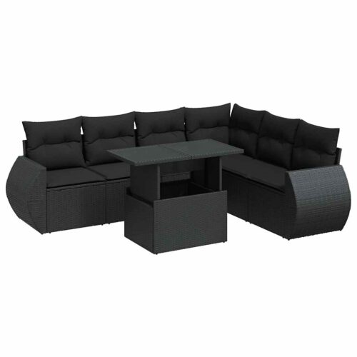 7-Piece Garden Sofa Set with Cushions Black Poly Rattan - Image 13