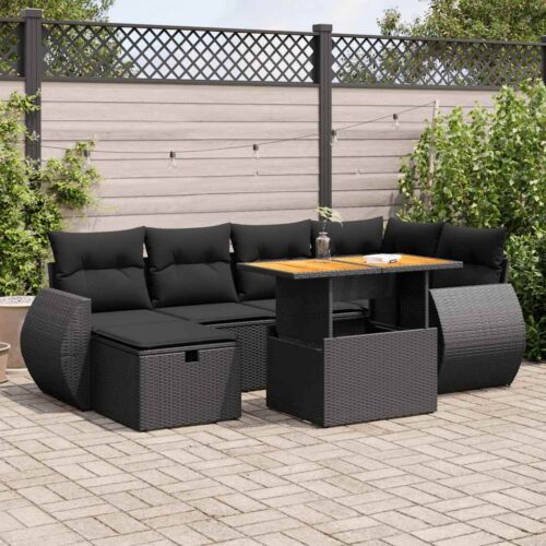 8-Piece Garden Sofa Set with Cushions Black Poly Rattan Acacia - Image 2