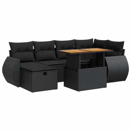 8-Piece Garden Sofa Set with Cushions Black Poly Rattan Acacia - Image 13