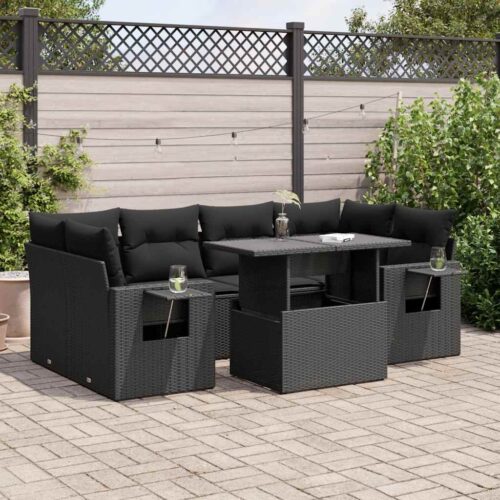 7-Piece Garden Sofa Set with Cushions Black Poly Rattan - Image 2