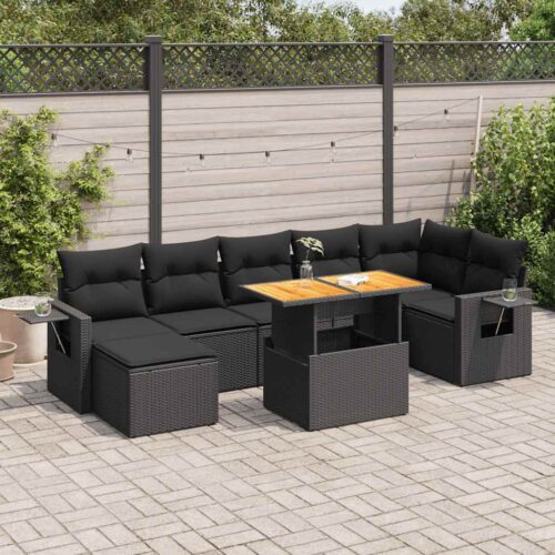 8-Piece Garden Sofa Set with Cushions Black Poly Rattan - Image 2