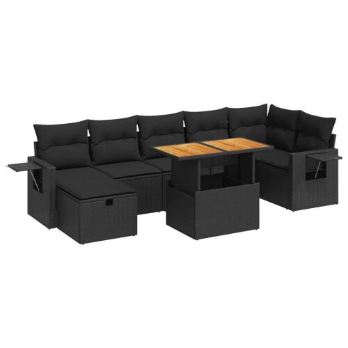 5-Piece Garden Sofa Set with Cushions Black Poly Rattan Acacia - Image 13