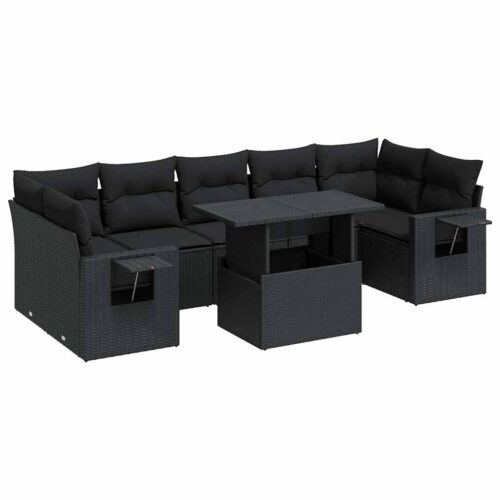 8-Piece Garden Sofa Set with Cushions Black Poly Rattan