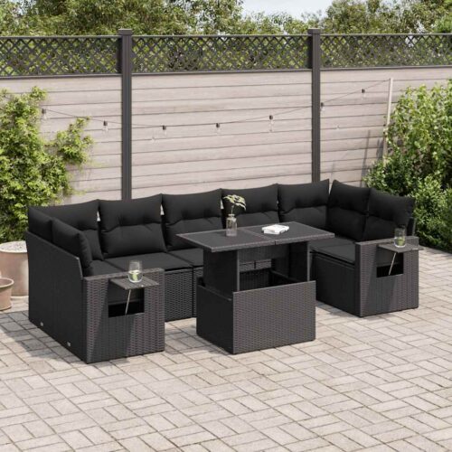 8-Piece Garden Sofa Set with Cushions Black Poly Rattan - Image 2